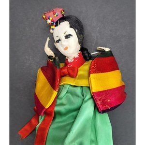 Vintage Korean Cultural Fabric Doll on Wooden Base 12" Tall Cr175